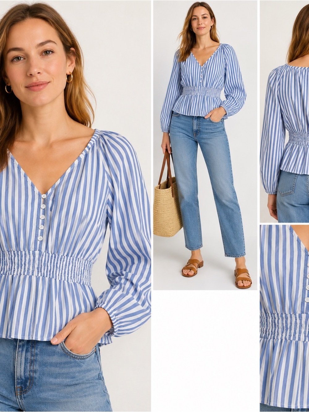 J. Crew Blue and White Striped Smocked-Peplum Blouse